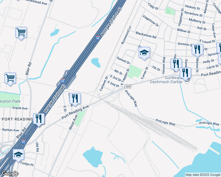 map of restaurants, bars, coffee shops, grocery stores, and more near 25 1st Street in Woodbridge Township
