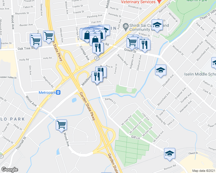 map of restaurants, bars, coffee shops, grocery stores, and more near 55 Gill Lane in Woodbridge Township