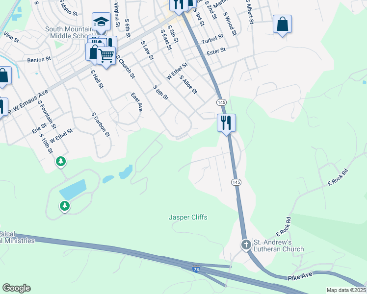 map of restaurants, bars, coffee shops, grocery stores, and more near 2612 South Virginia Street in Allentown