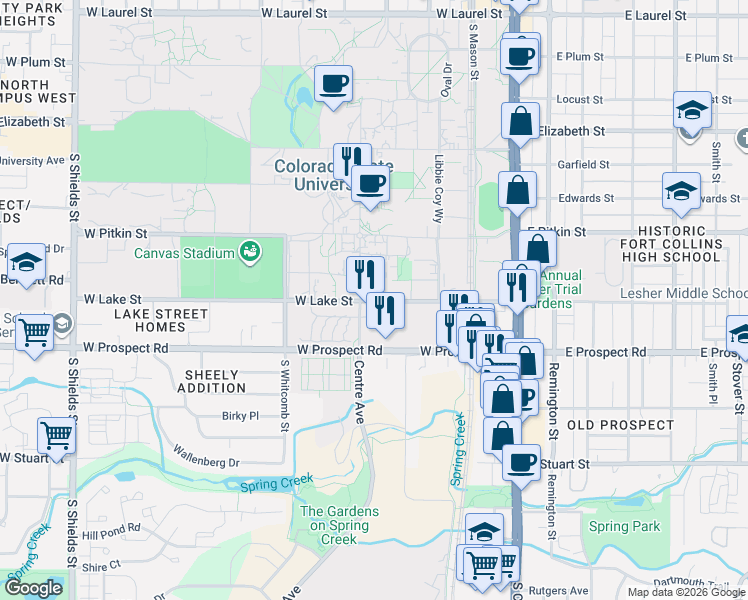 map of restaurants, bars, coffee shops, grocery stores, and more near in Fort Collins