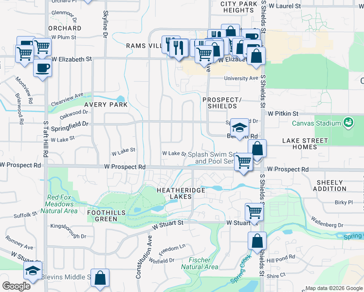 map of restaurants, bars, coffee shops, grocery stores, and more near 1332 Fairview Drive in Fort Collins