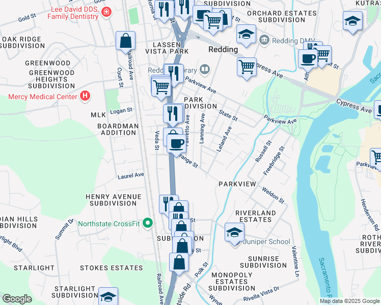 map of restaurants, bars, coffee shops, grocery stores, and more near 2923 Favretto Avenue in Redding