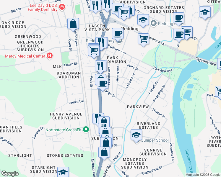 map of restaurants, bars, coffee shops, grocery stores, and more near 2923 Favretto Avenue in Redding