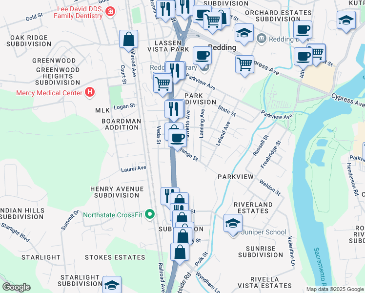 map of restaurants, bars, coffee shops, grocery stores, and more near 2923 Favretto Avenue in Redding
