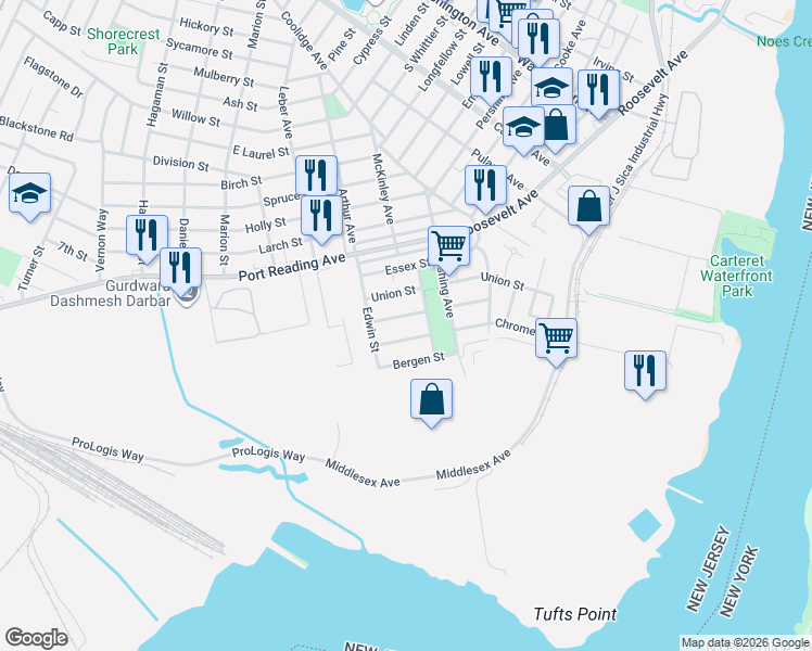 map of restaurants, bars, coffee shops, grocery stores, and more near 19 Warren Street in Carteret