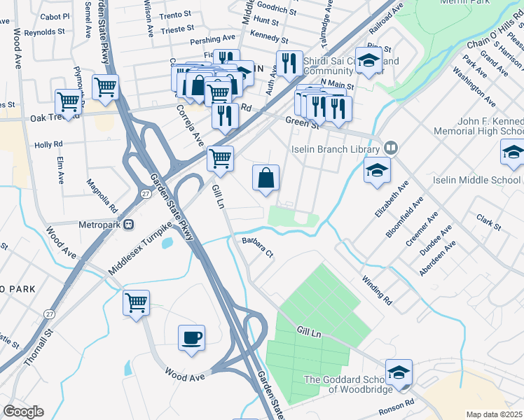 map of restaurants, bars, coffee shops, grocery stores, and more near 60 North Juliet Street in Woodbridge Township