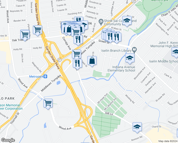map of restaurants, bars, coffee shops, grocery stores, and more near 60 North Juliet Street in Woodbridge Township