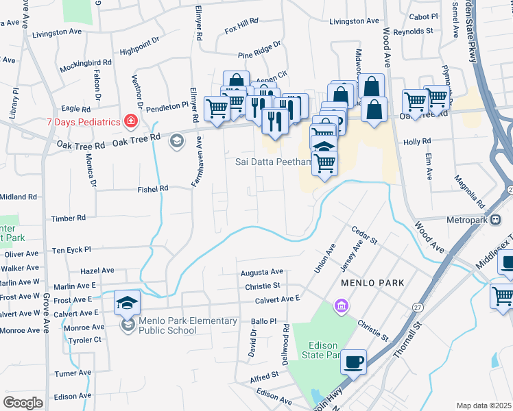map of restaurants, bars, coffee shops, grocery stores, and more near 138-198 Minebrook Road in Edison