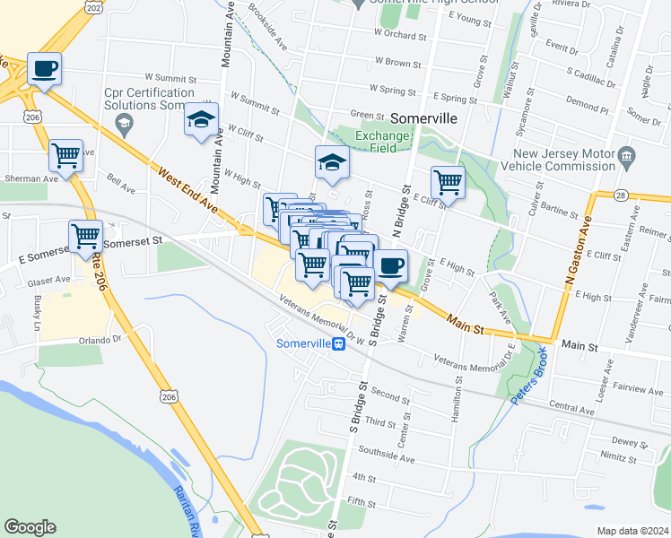 map of restaurants, bars, coffee shops, grocery stores, and more near 87 West Main Street in Somerville