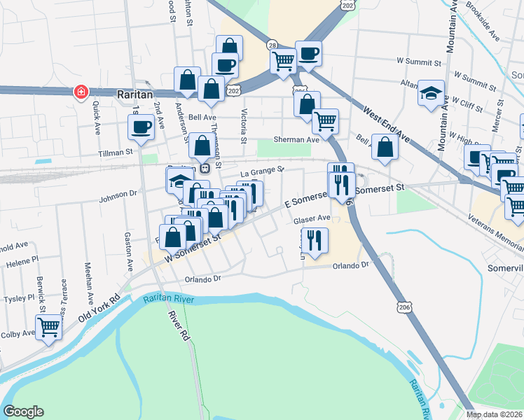 map of restaurants, bars, coffee shops, grocery stores, and more near 5 Codington Street in Raritan
