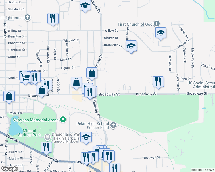 map of restaurants, bars, coffee shops, grocery stores, and more near 110 Park View Court in Pekin