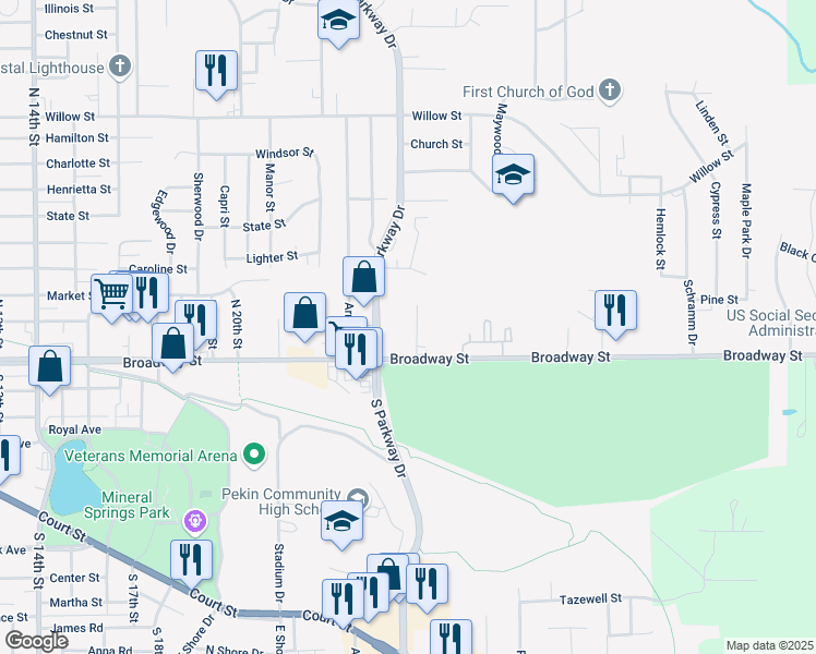 map of restaurants, bars, coffee shops, grocery stores, and more near 100-120 North Parkway Drive in Pekin
