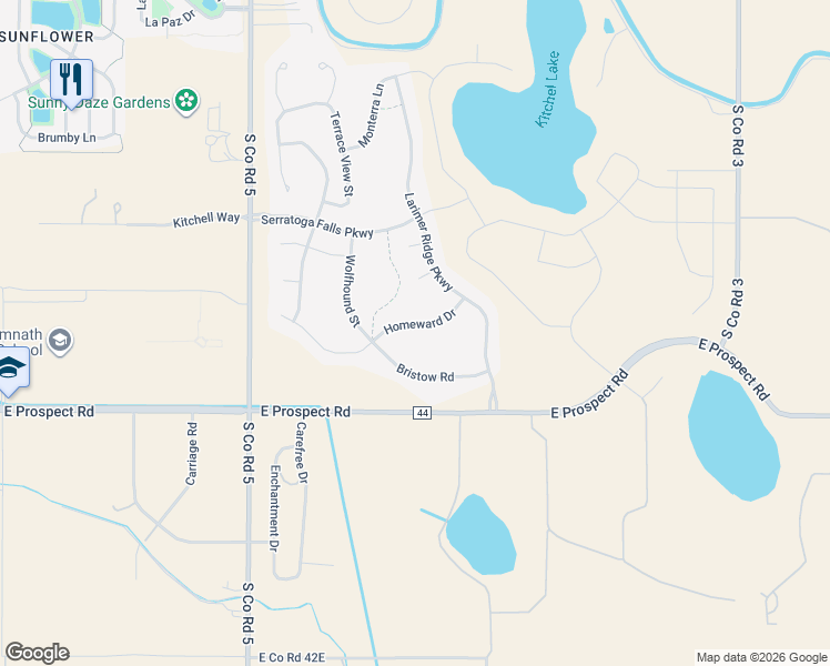map of restaurants, bars, coffee shops, grocery stores, and more near 5501 Homeward Drive in Timnath