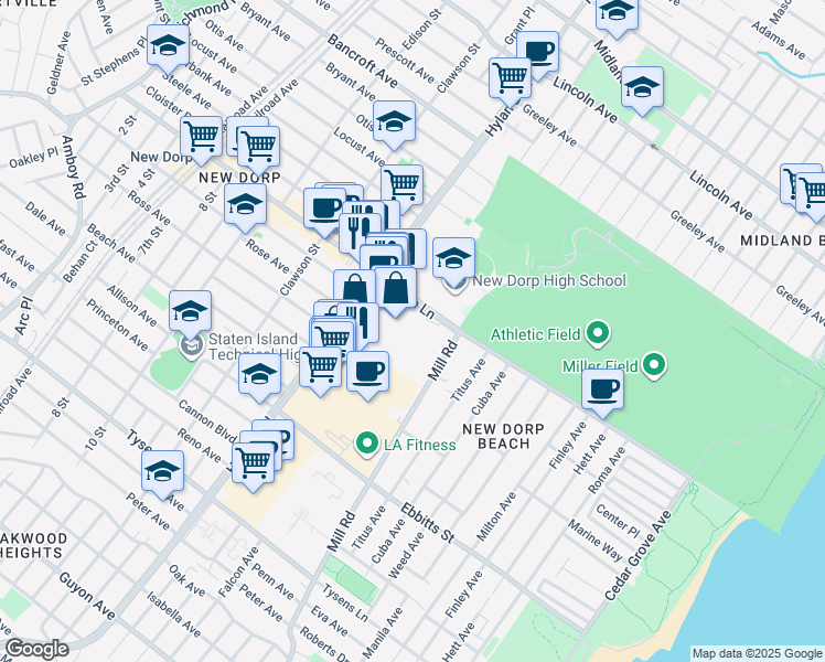 map of restaurants, bars, coffee shops, grocery stores, and more near 450 New Dorp Lane in Staten Island
