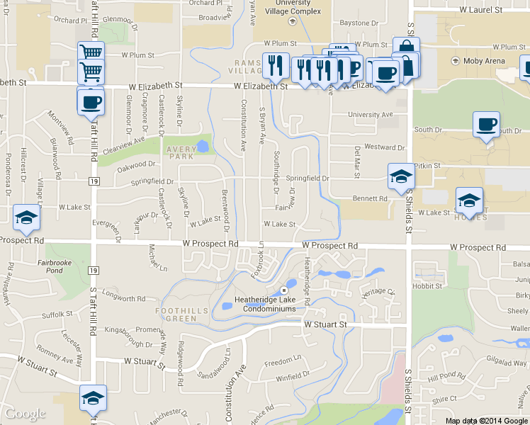 map of restaurants, bars, coffee shops, grocery stores, and more near 1352 Fairview Drive in Fort Collins