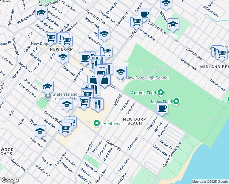 map of restaurants, bars, coffee shops, grocery stores, and more near 450 New Dorp Lane in Staten Island