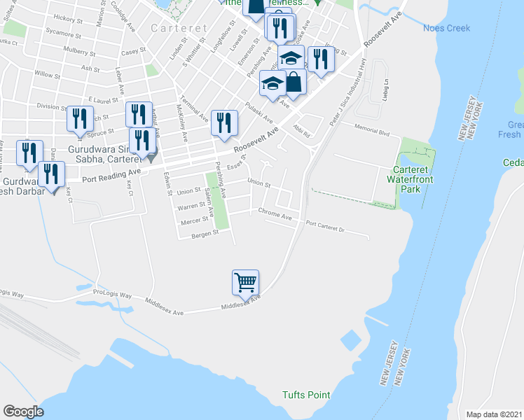 map of restaurants, bars, coffee shops, grocery stores, and more near 54 Chrome Avenue in Carteret