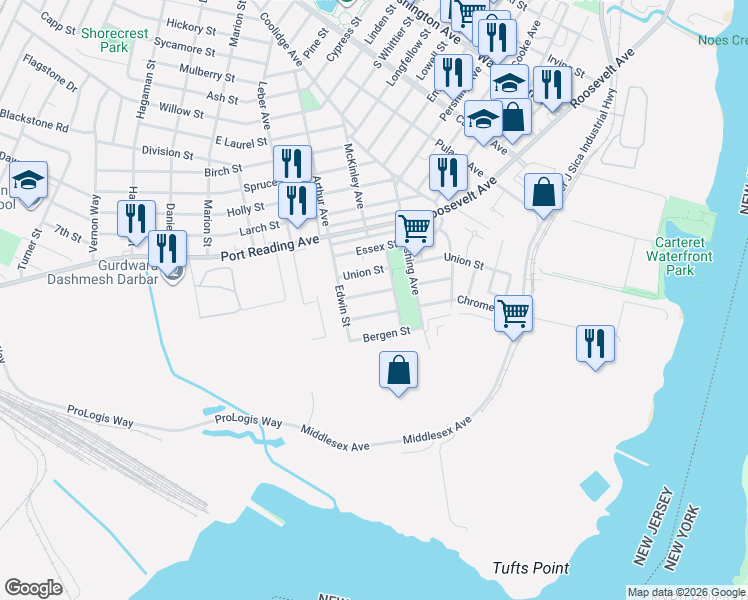 map of restaurants, bars, coffee shops, grocery stores, and more near 30 Warren Street in Carteret
