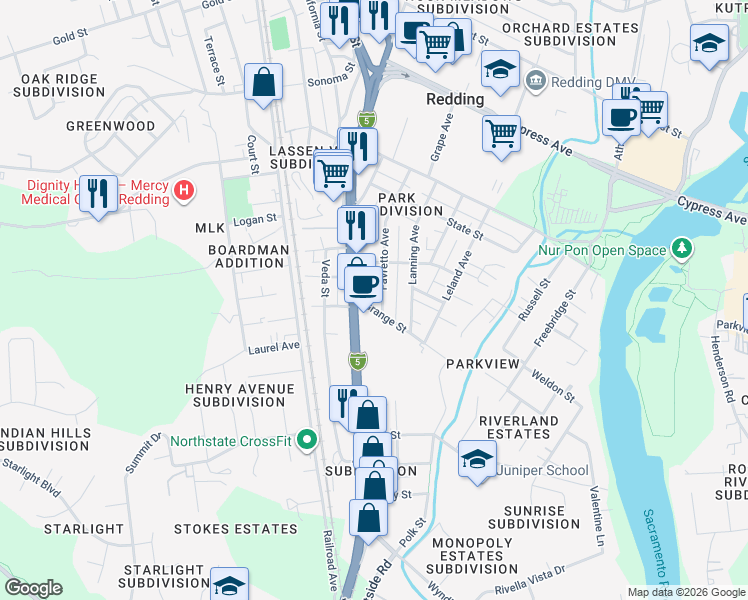 map of restaurants, bars, coffee shops, grocery stores, and more near 2923 Favretto Avenue in Redding