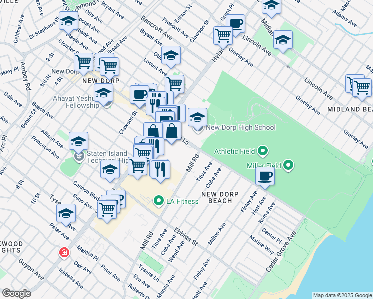 map of restaurants, bars, coffee shops, grocery stores, and more near 470 New Dorp Lane in Staten Island