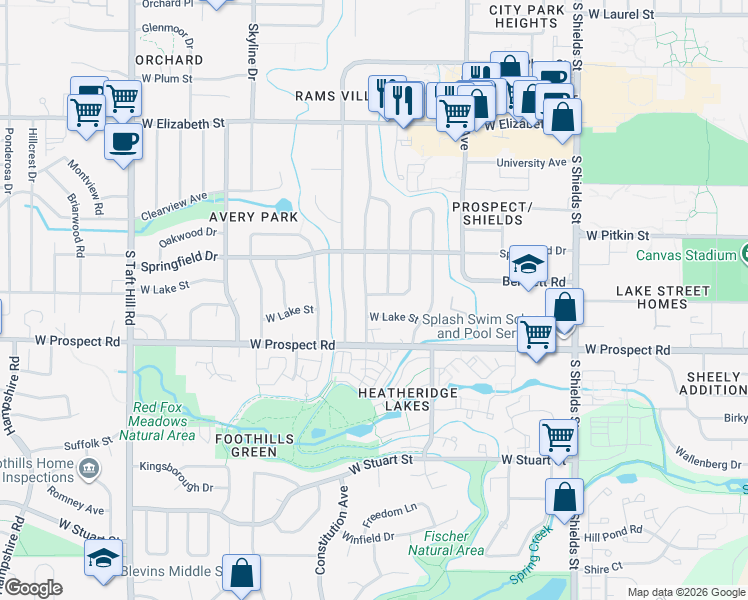 map of restaurants, bars, coffee shops, grocery stores, and more near 1352 Fairview Drive in Fort Collins