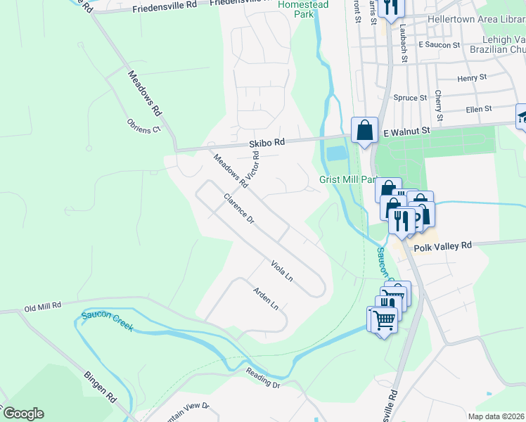 map of restaurants, bars, coffee shops, grocery stores, and more near 1836 Meadows Road in Hellertown