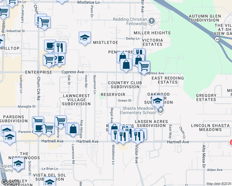 map of restaurants, bars, coffee shops, grocery stores, and more near 2666 Oxford Road in Redding