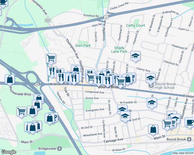 map of restaurants, bars, coffee shops, grocery stores, and more near 414 W Maple Ave in Bound Brook