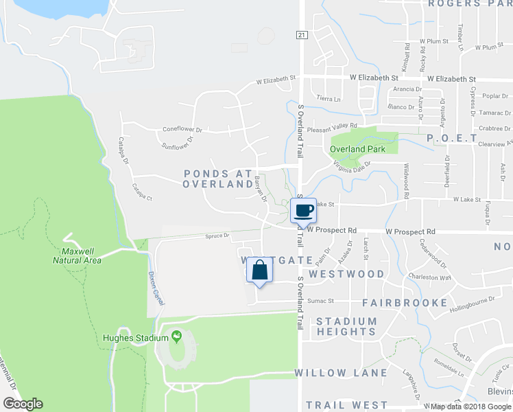 map of restaurants, bars, coffee shops, grocery stores, and more near 1503 Woodrose Court in Fort Collins