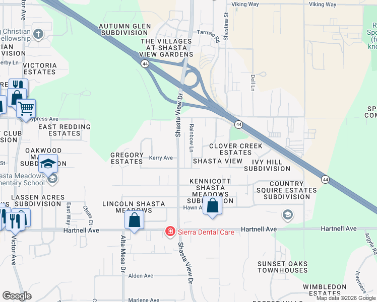 map of restaurants, bars, coffee shops, grocery stores, and more near 2632 Rainbow Lane in Redding