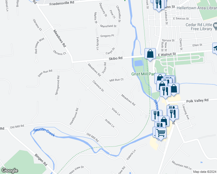 map of restaurants, bars, coffee shops, grocery stores, and more near 1836 Meadows Road in Hellertown