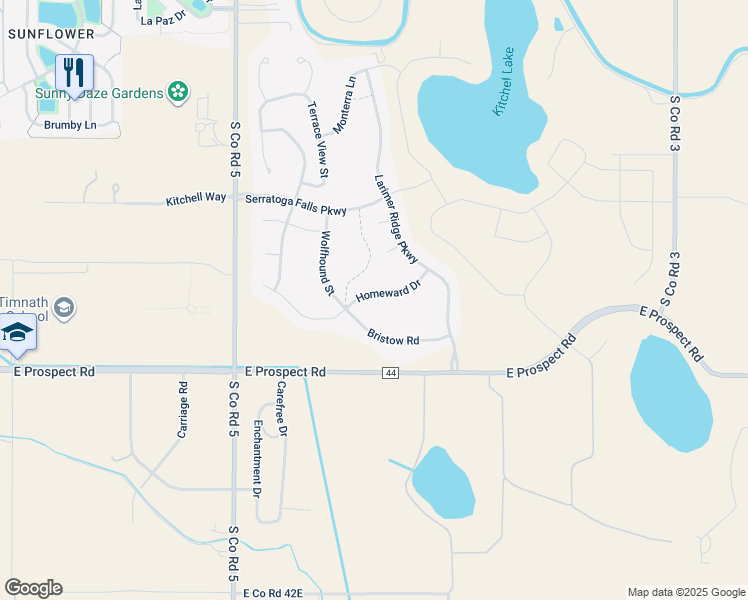 map of restaurants, bars, coffee shops, grocery stores, and more near 5501 Homeward Drive in Timnath