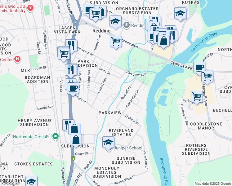 map of restaurants, bars, coffee shops, grocery stores, and more near 2640 Sharon Avenue in Redding