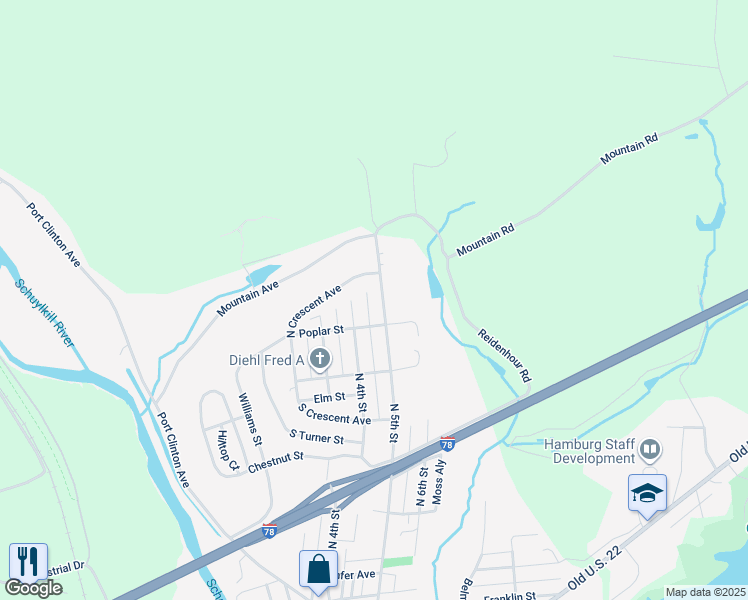 map of restaurants, bars, coffee shops, grocery stores, and more near 805 North 4th Street in Hamburg