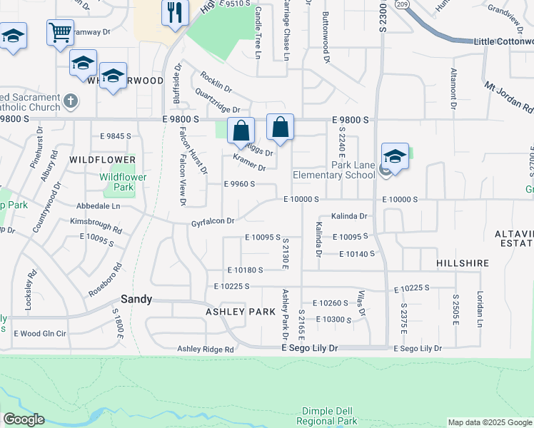 map of restaurants, bars, coffee shops, grocery stores, and more near 2093 Gyrfalcon Lane in Sandy