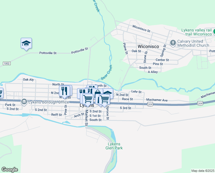 map of restaurants, bars, coffee shops, grocery stores, and more near 302 Spruce Street in Lykens