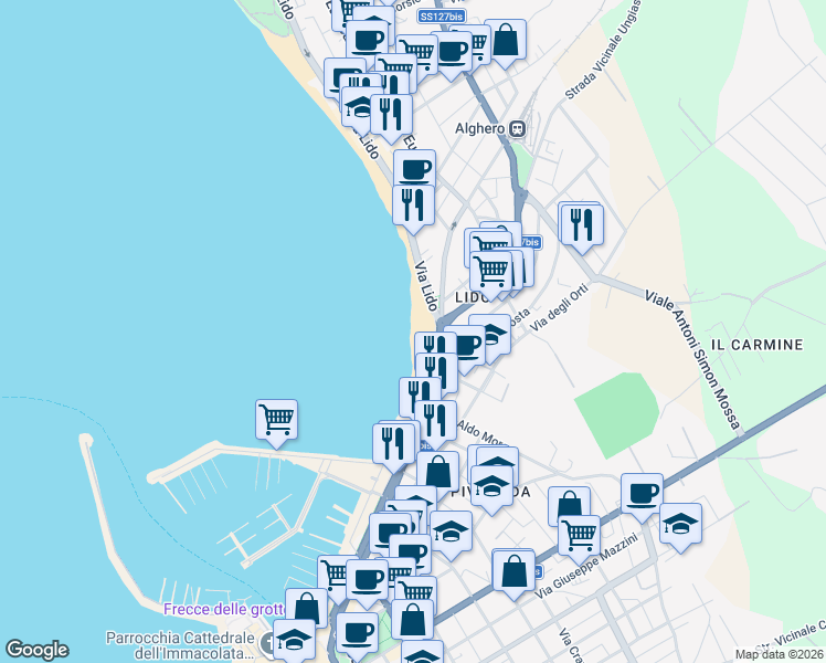 map of restaurants, bars, coffee shops, grocery stores, and more near in Alghero