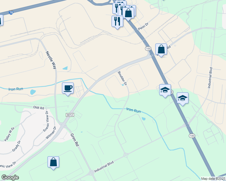 map of restaurants, bars, coffee shops, grocery stores, and more near 150 Boulder Drive in Breinigsville