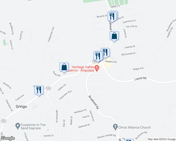 map of restaurants, bars, coffee shops, grocery stores, and more near 106 Strawberry Alley in Aliquippa
