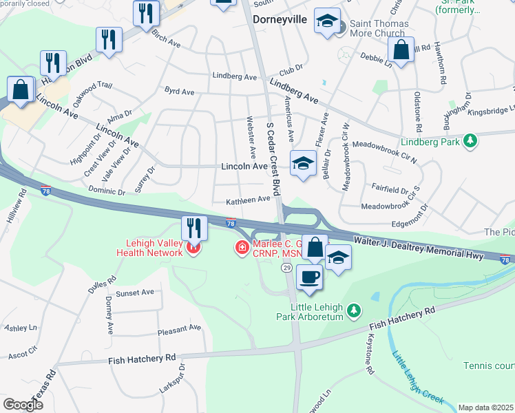 map of restaurants, bars, coffee shops, grocery stores, and more near 1170 South Cedar Crest Boulevard in Allentown