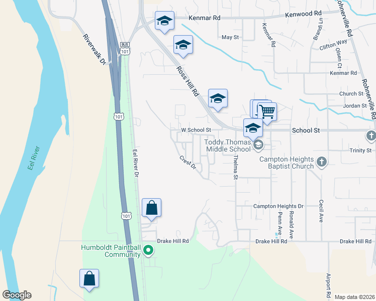 map of restaurants, bars, coffee shops, grocery stores, and more near 1571 Princess Lane in Fortuna