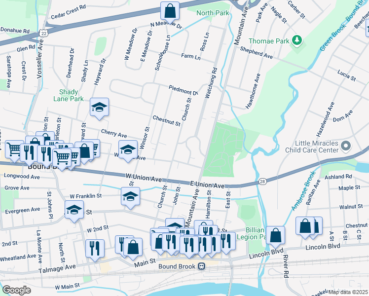 map of restaurants, bars, coffee shops, grocery stores, and more near 524 Church Street in Bound Brook