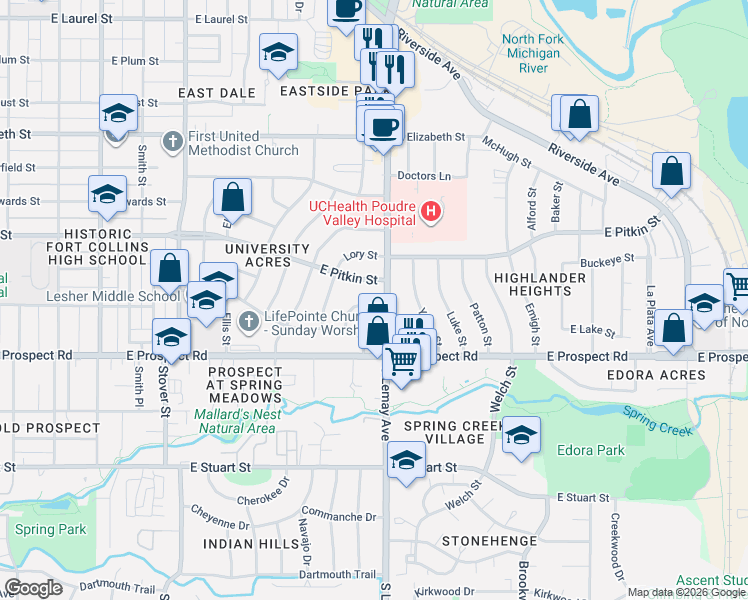 map of restaurants, bars, coffee shops, grocery stores, and more near 1128 East Lake Place in Fort Collins