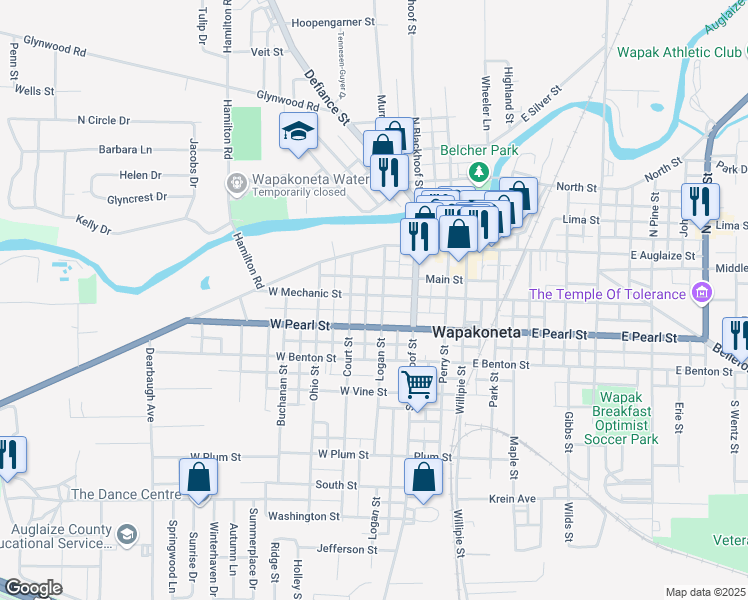 map of restaurants, bars, coffee shops, grocery stores, and more near 303 West Mechanic Street in Wapakoneta