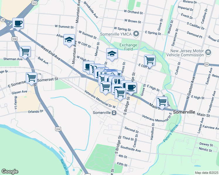 map of restaurants, bars, coffee shops, grocery stores, and more near 87 West Main Street in Somerville