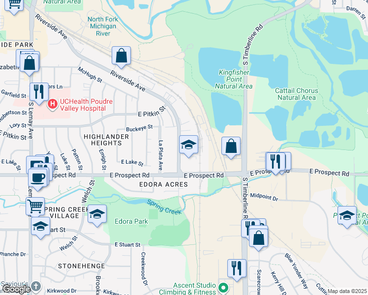 map of restaurants, bars, coffee shops, grocery stores, and more near 1640 Riverside Avenue in Fort Collins