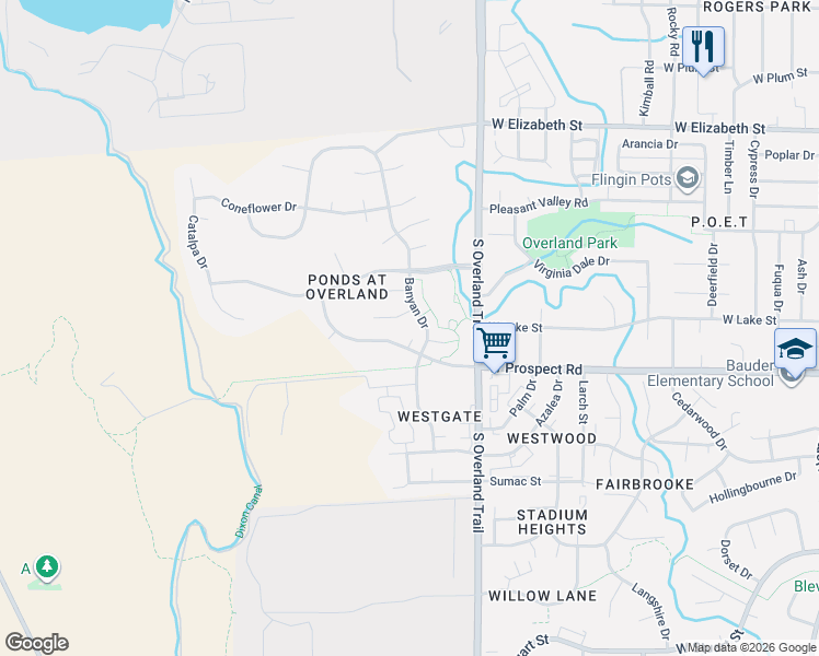 map of restaurants, bars, coffee shops, grocery stores, and more near 1503 Woodrose Court in Fort Collins