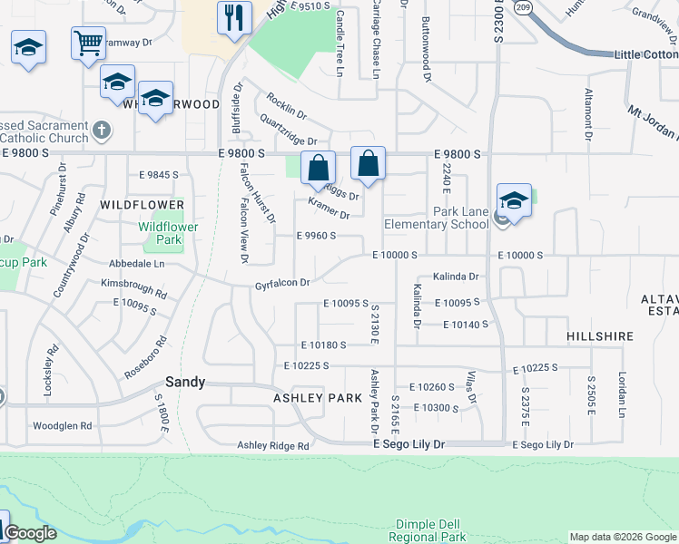 map of restaurants, bars, coffee shops, grocery stores, and more near 2093 Gyrfalcon Lane in Sandy