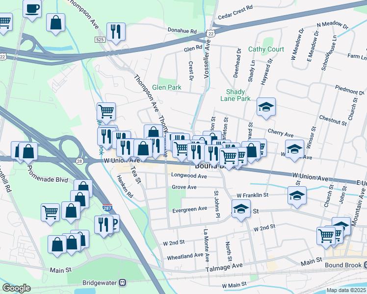 map of restaurants, bars, coffee shops, grocery stores, and more near 446 West Maple Avenue in Bound Brook