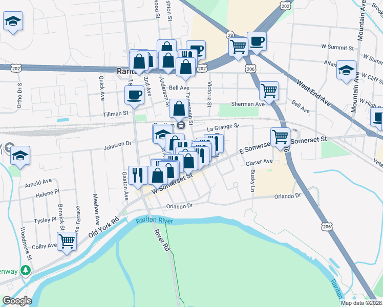 map of restaurants, bars, coffee shops, grocery stores, and more near 7 2nd Street in Raritan